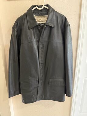 Oakwood Men's Black Leather Pea Coat - Classic Button Front
